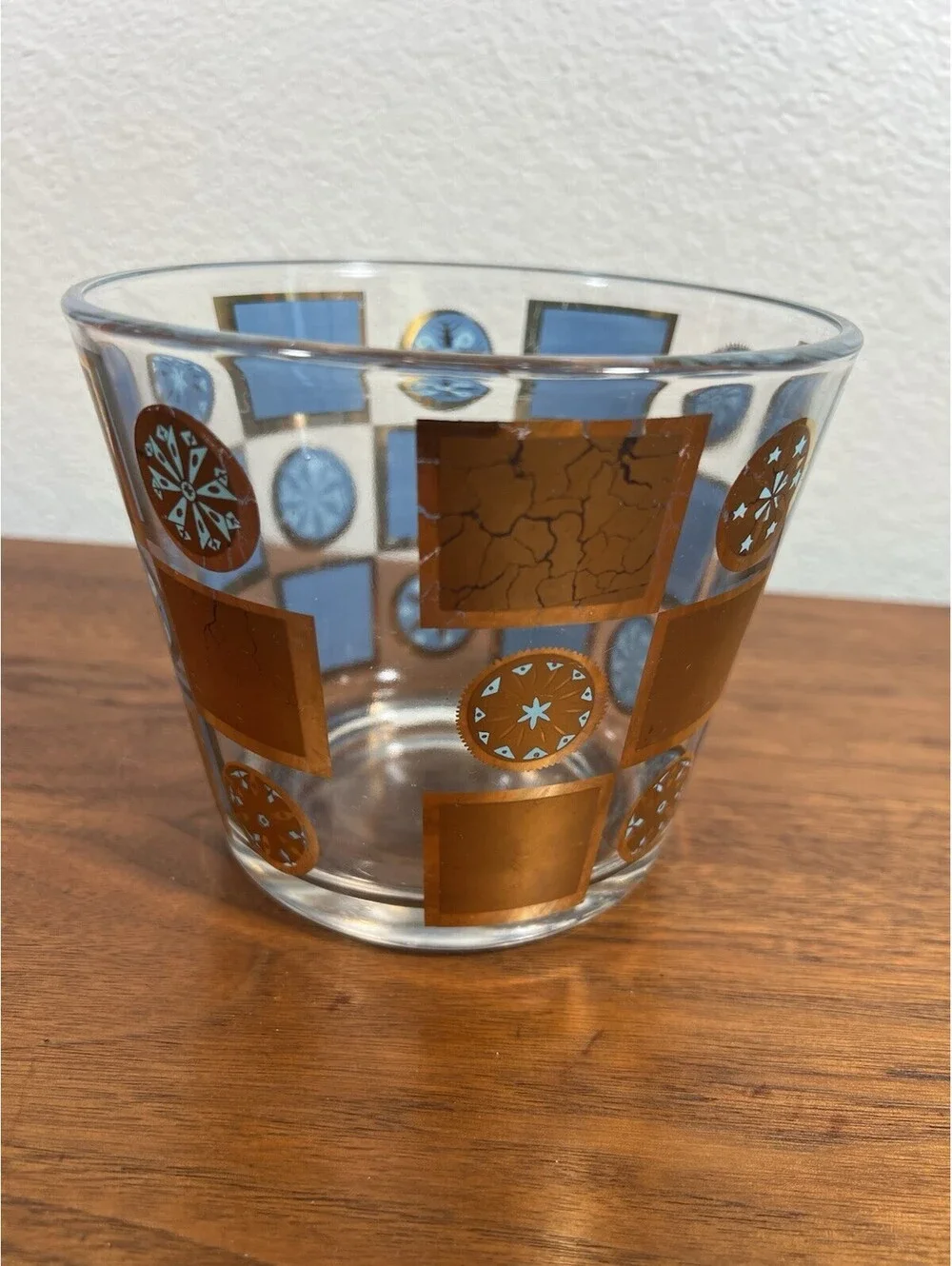 MCM Culver Carnival 22K Gold Glass Ice Bucket Vintage Mid Century Blue Barware